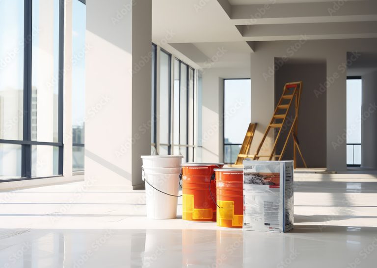 An empty, minimal white sunny room in which repairs are being made. Paint cans, stepladder, building supplies. Creative concept for residential and commercial renovations. Copy space. Generative AI