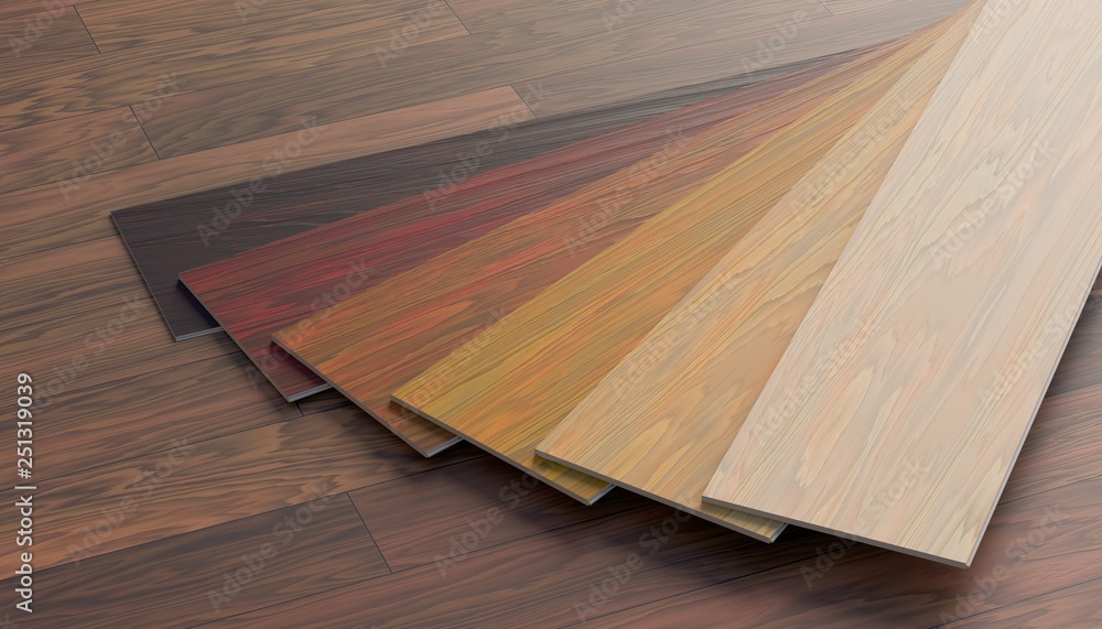 Color samples of wooden laminate floor. 3D rendered illustration.